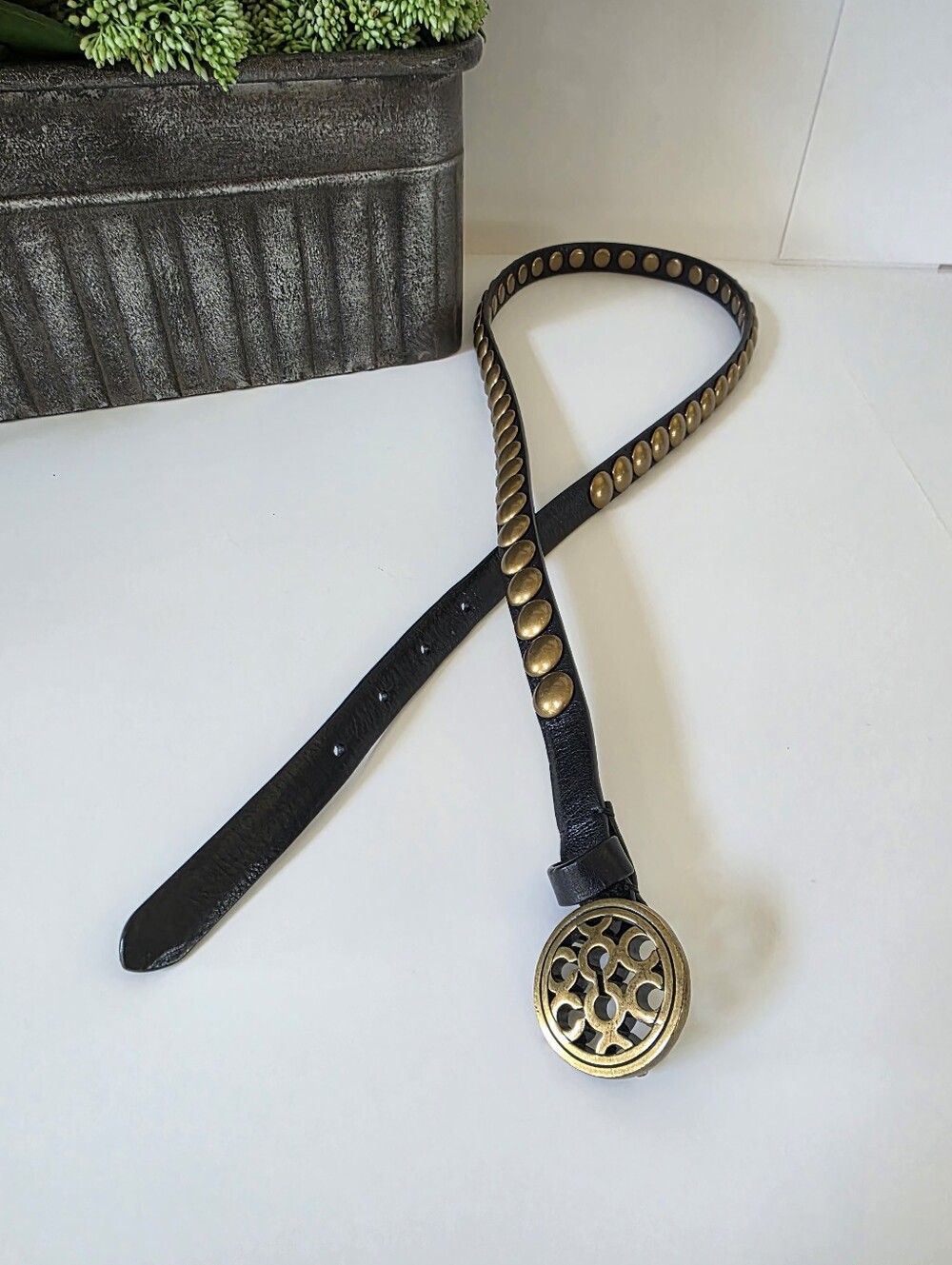 Coach Studded Leather Skinny Belt Black Brass Logo Buckle Medium - Picture 8 of 9